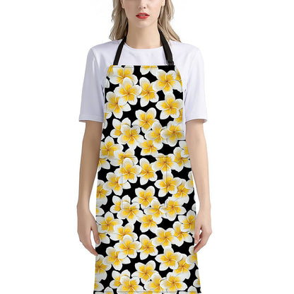 White And Black Frangipani Pattern Print Bib Apron With Pocket
