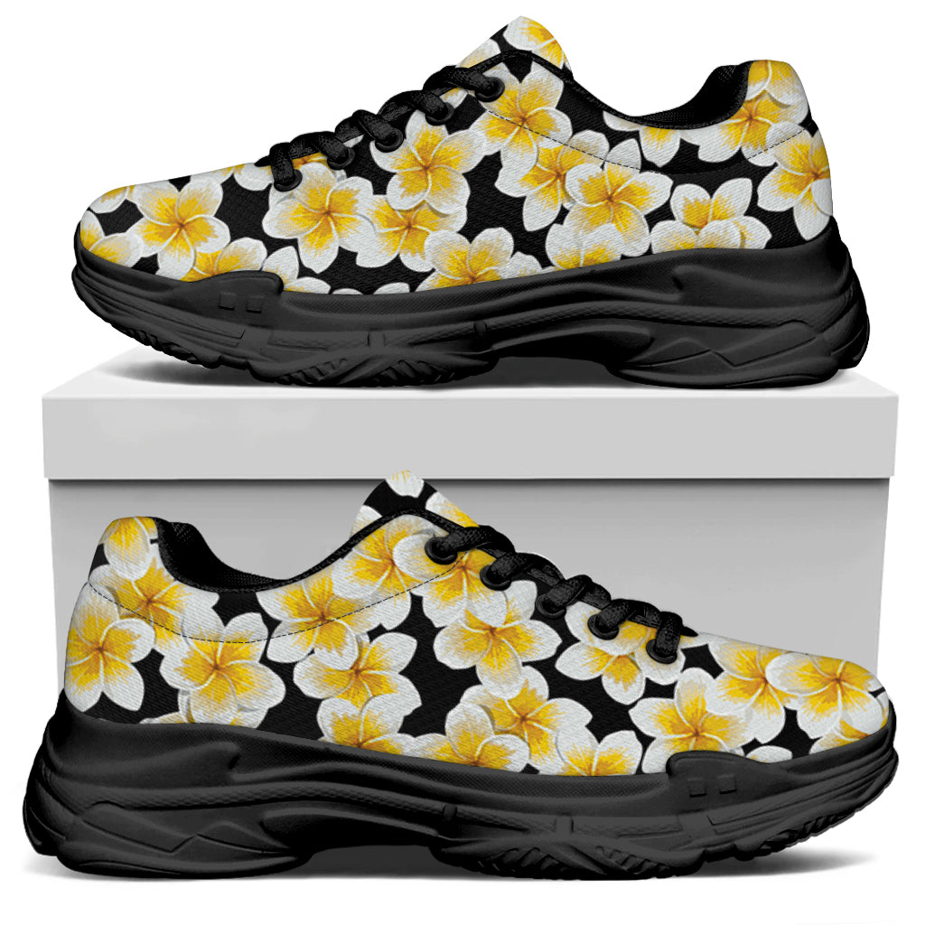 White And Black Frangipani Pattern Print Black Chunky Shoes