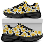 White And Black Frangipani Pattern Print Black Chunky Shoes