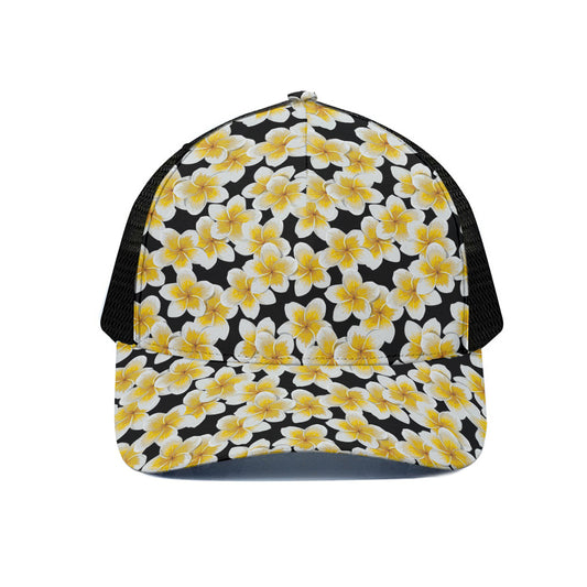 White And Black Frangipani Pattern Print Black Mesh Trucker Cap