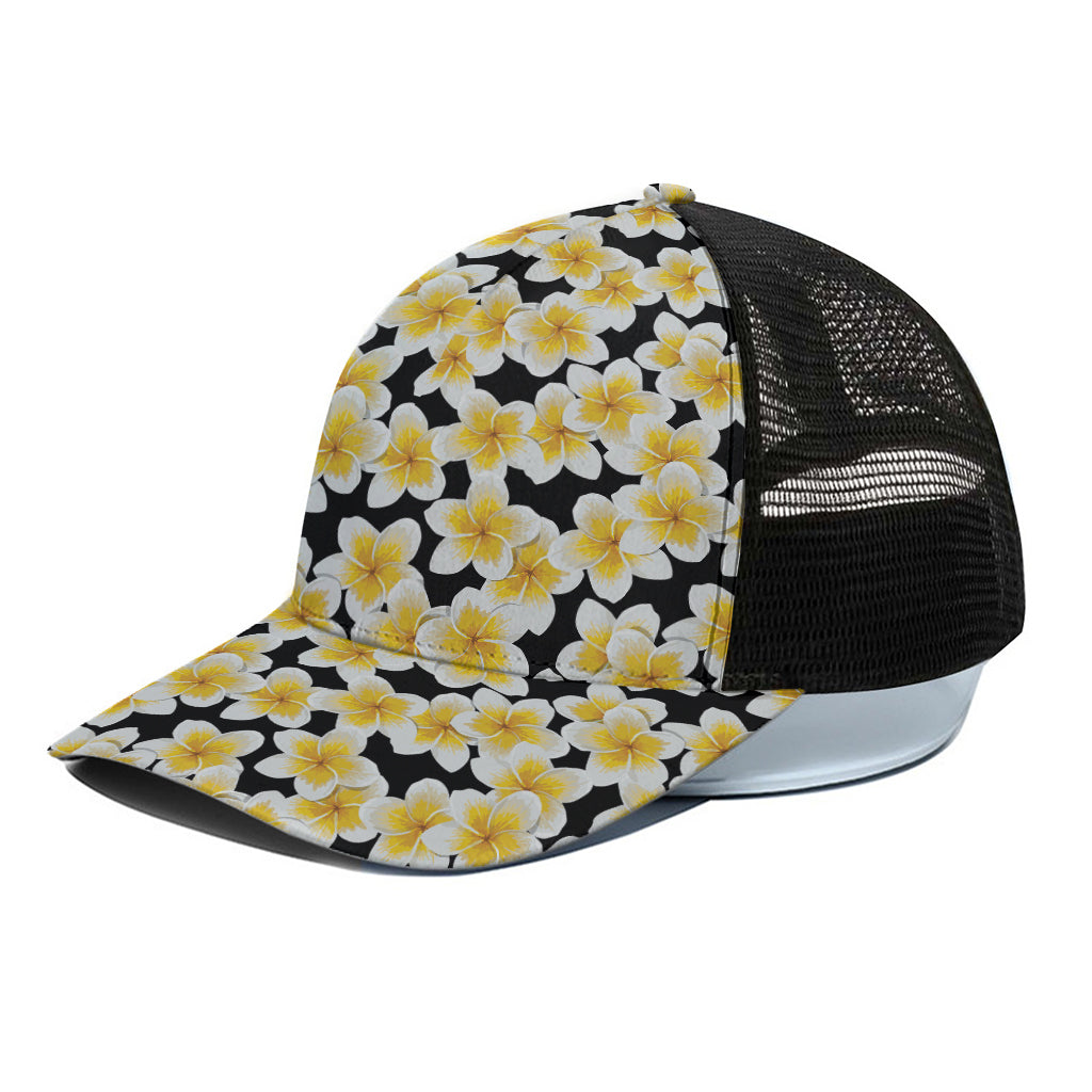 White And Black Frangipani Pattern Print Black Mesh Trucker Cap