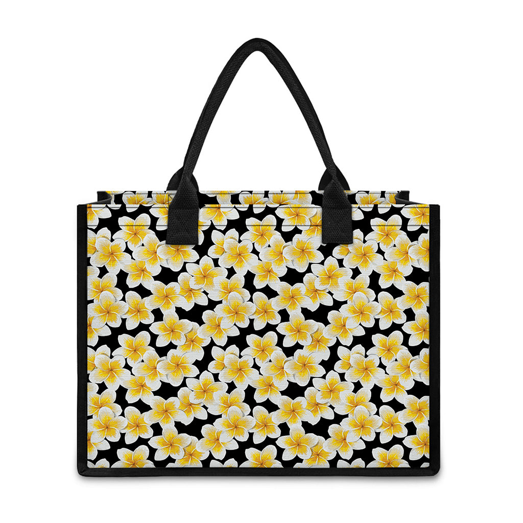 White And Black Frangipani Pattern Print Canvas Tote Bag