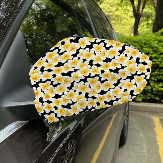 White And Black Frangipani Pattern Print Car Side Mirror Covers