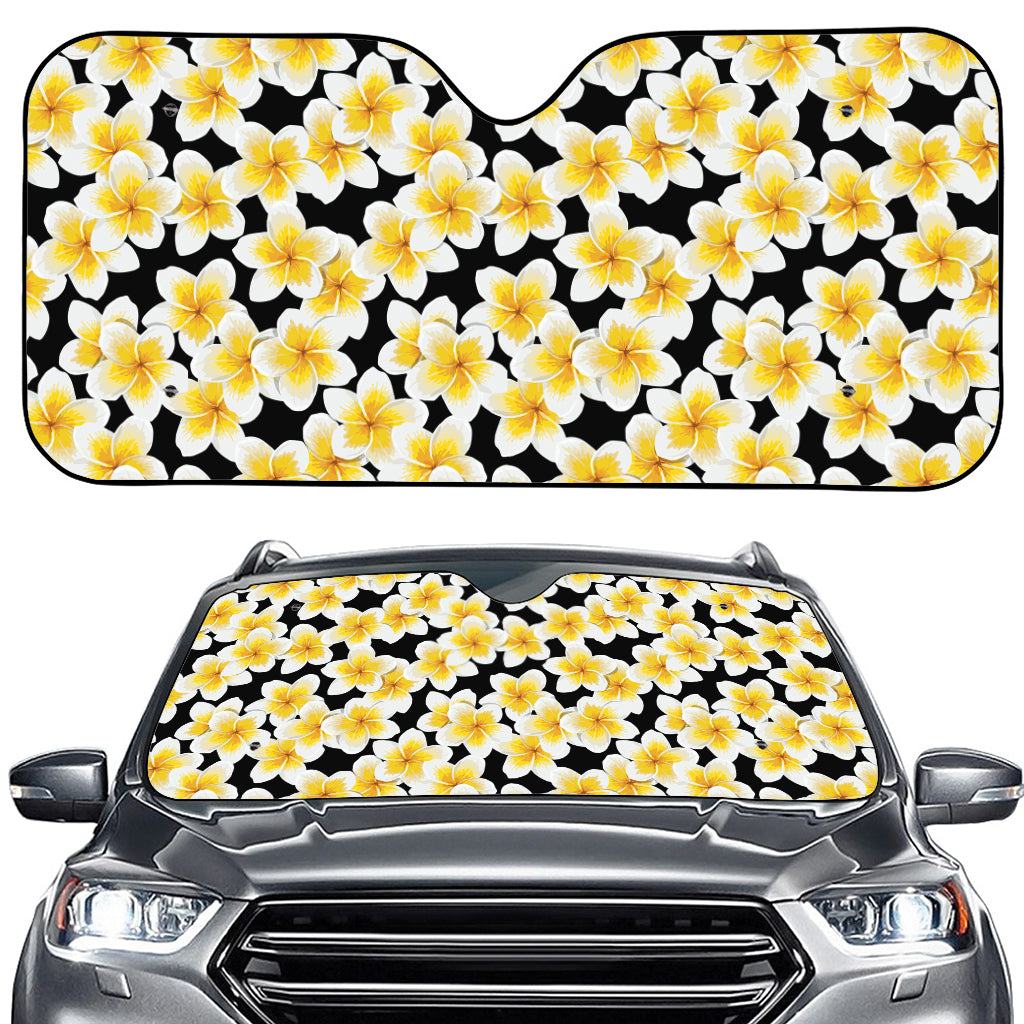 White And Black Frangipani Pattern Print Car Windshield Sun Shade