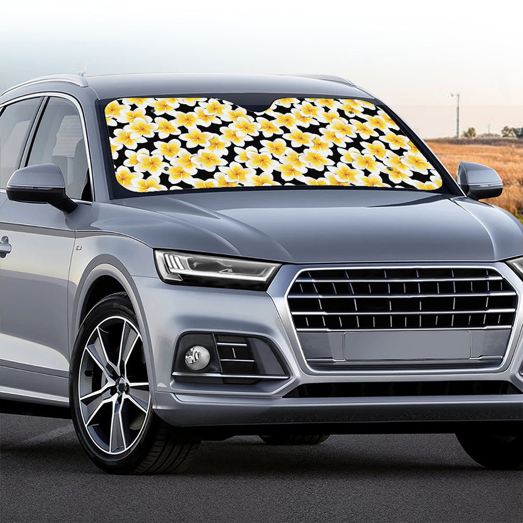White And Black Frangipani Pattern Print Car Windshield Sun Shade
