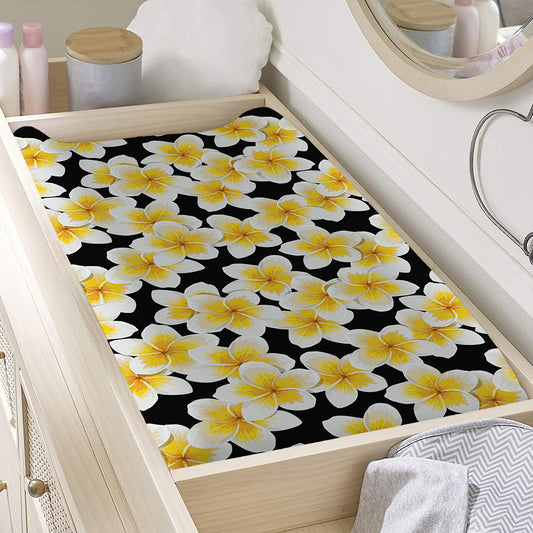 White And Black Frangipani Pattern Print Changing Pad Cover