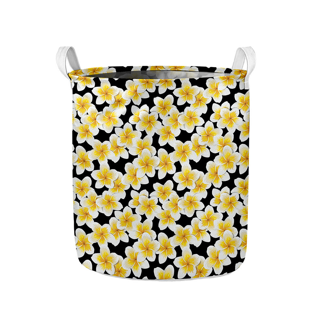White And Black Frangipani Pattern Print Collapsible Laundry Basket