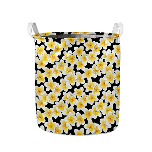 White And Black Frangipani Pattern Print Collapsible Laundry Basket