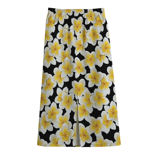 White And Black Frangipani Pattern Print Cotton Front Slit Maxi Skirt
