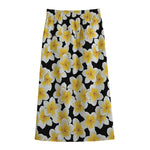 White And Black Frangipani Pattern Print Cotton Front Slit Maxi Skirt
