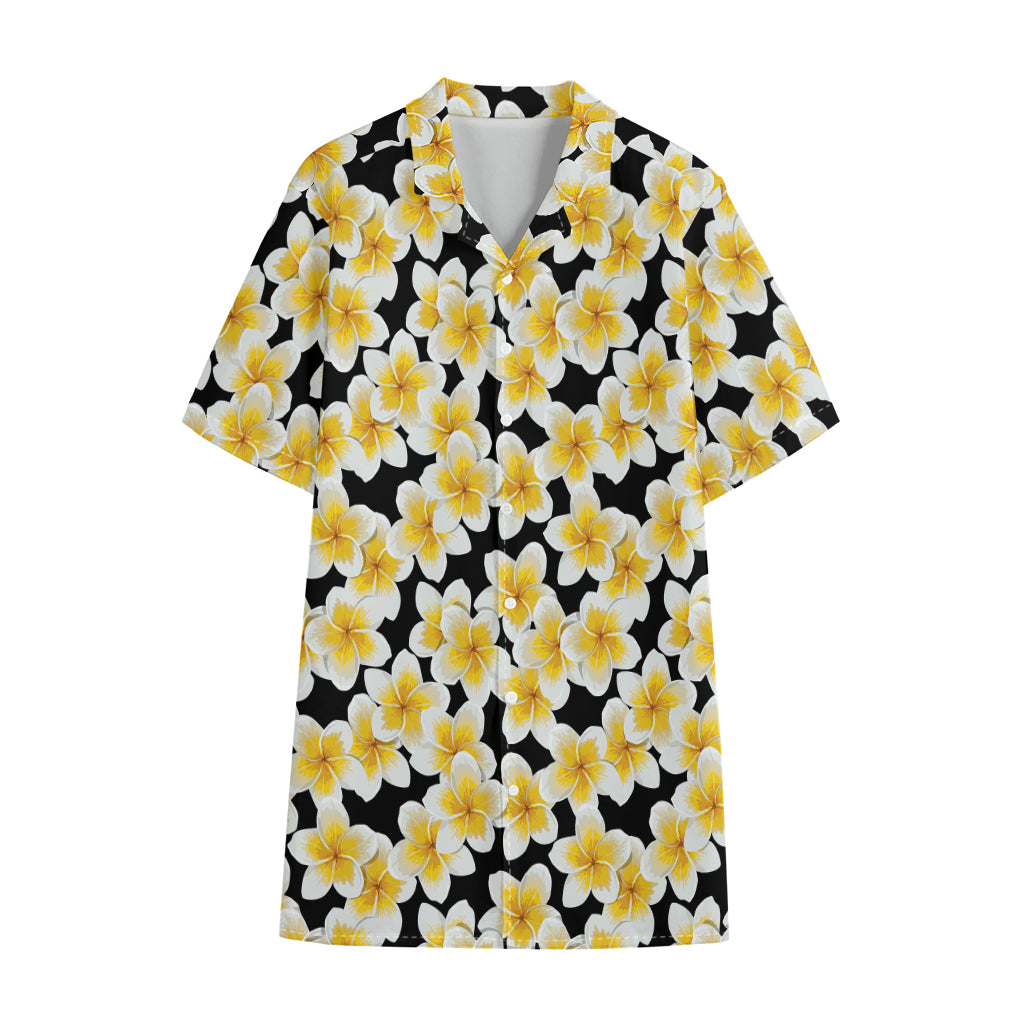 White And Black Frangipani Pattern Print Cotton Hawaiian Shirt