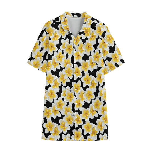 White And Black Frangipani Pattern Print Cotton Hawaiian Shirt