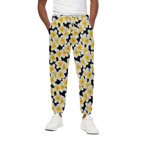 White And Black Frangipani Pattern Print Cotton Pants