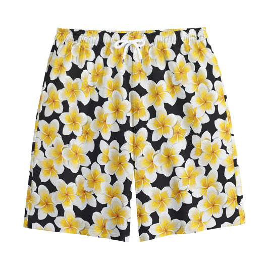White And Black Frangipani Pattern Print Cotton Shorts