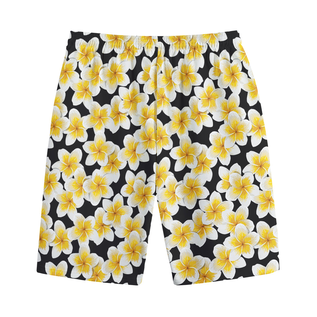 White And Black Frangipani Pattern Print Cotton Shorts