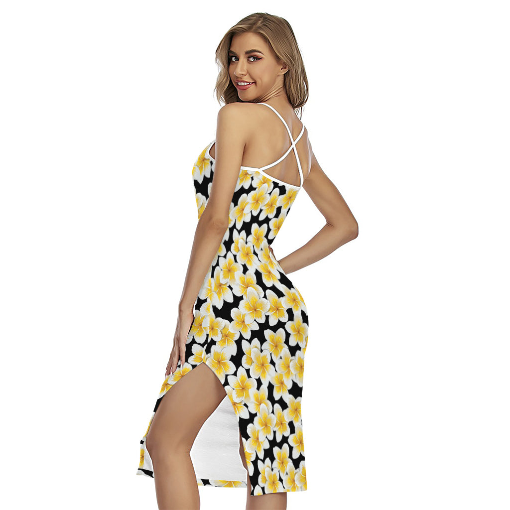 White And Black Frangipani Pattern Print Cross Back Cami Dress