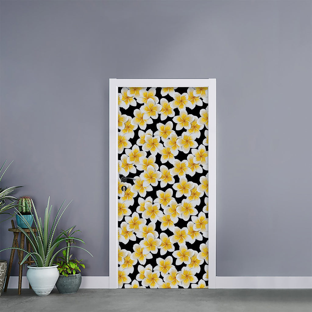 White And Black Frangipani Pattern Print Door Sticker