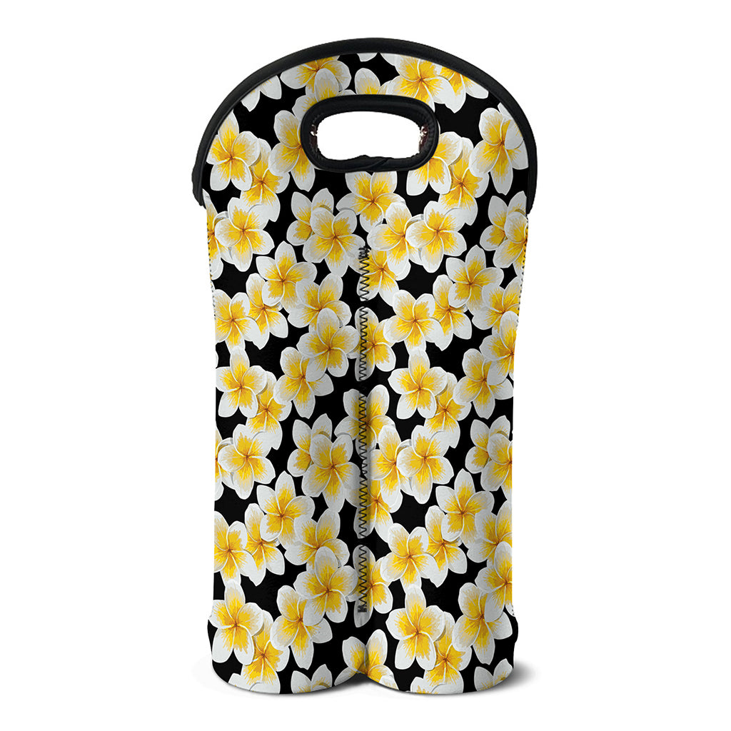 White And Black Frangipani Pattern Print Double Neoprene Wine Tote