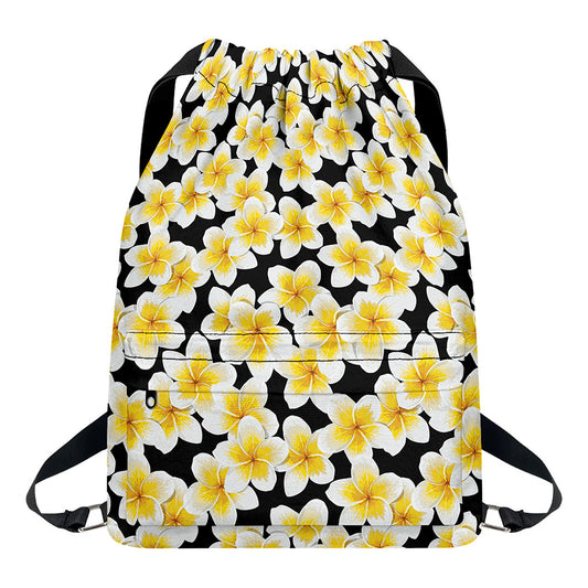 White And Black Frangipani Pattern Print Drawstring Backpack