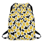 White And Black Frangipani Pattern Print Drawstring Backpack