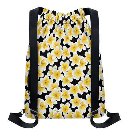 White And Black Frangipani Pattern Print Drawstring Backpack