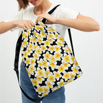 White And Black Frangipani Pattern Print Drawstring Backpack