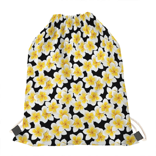 White And Black Frangipani Pattern Print Drawstring Bag
