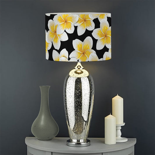 White And Black Frangipani Pattern Print Drum Lamp Shade