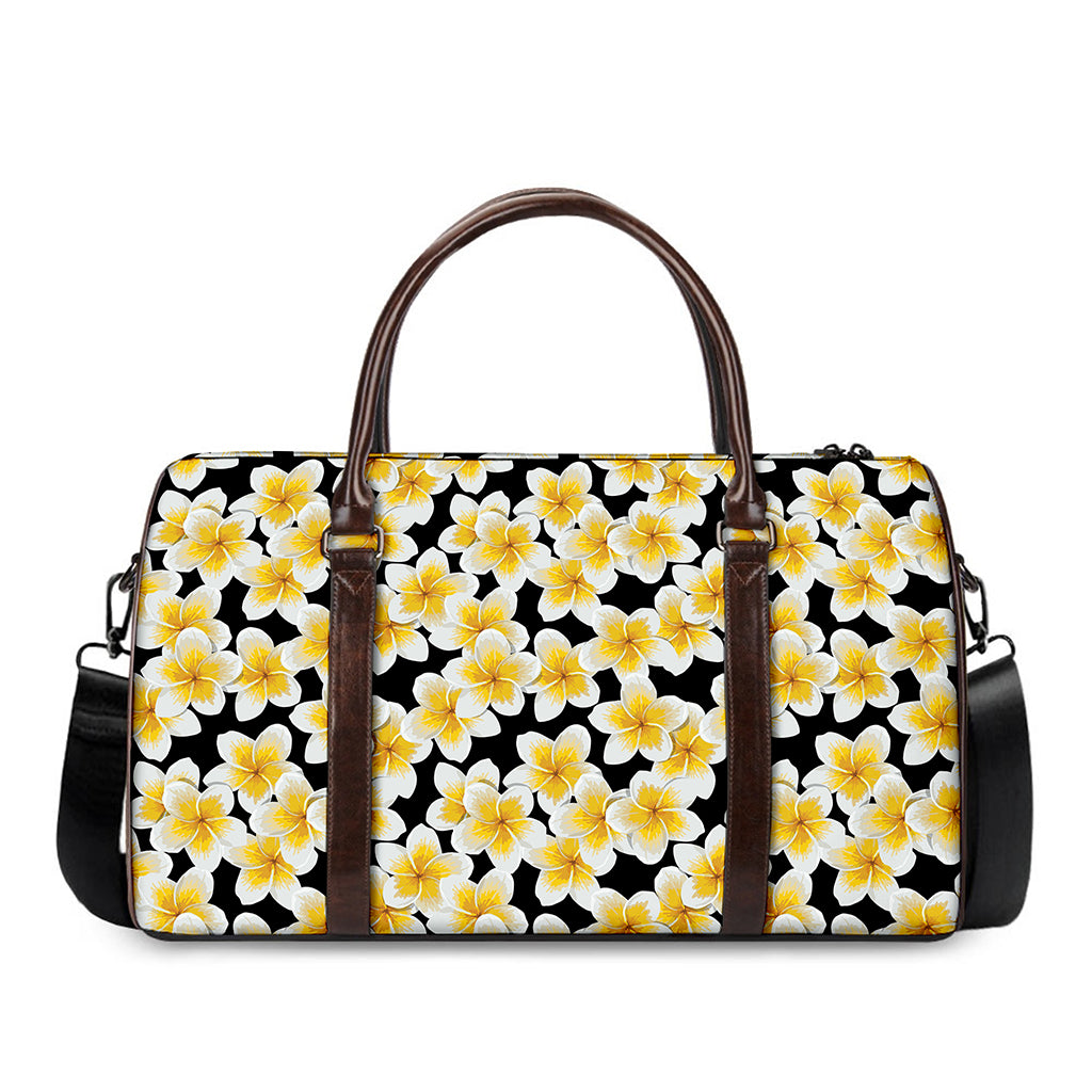 White And Black Frangipani Pattern Print Duffle Bag