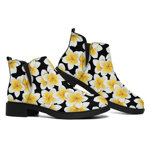 White And Black Frangipani Pattern Print Flat Ankle Boots