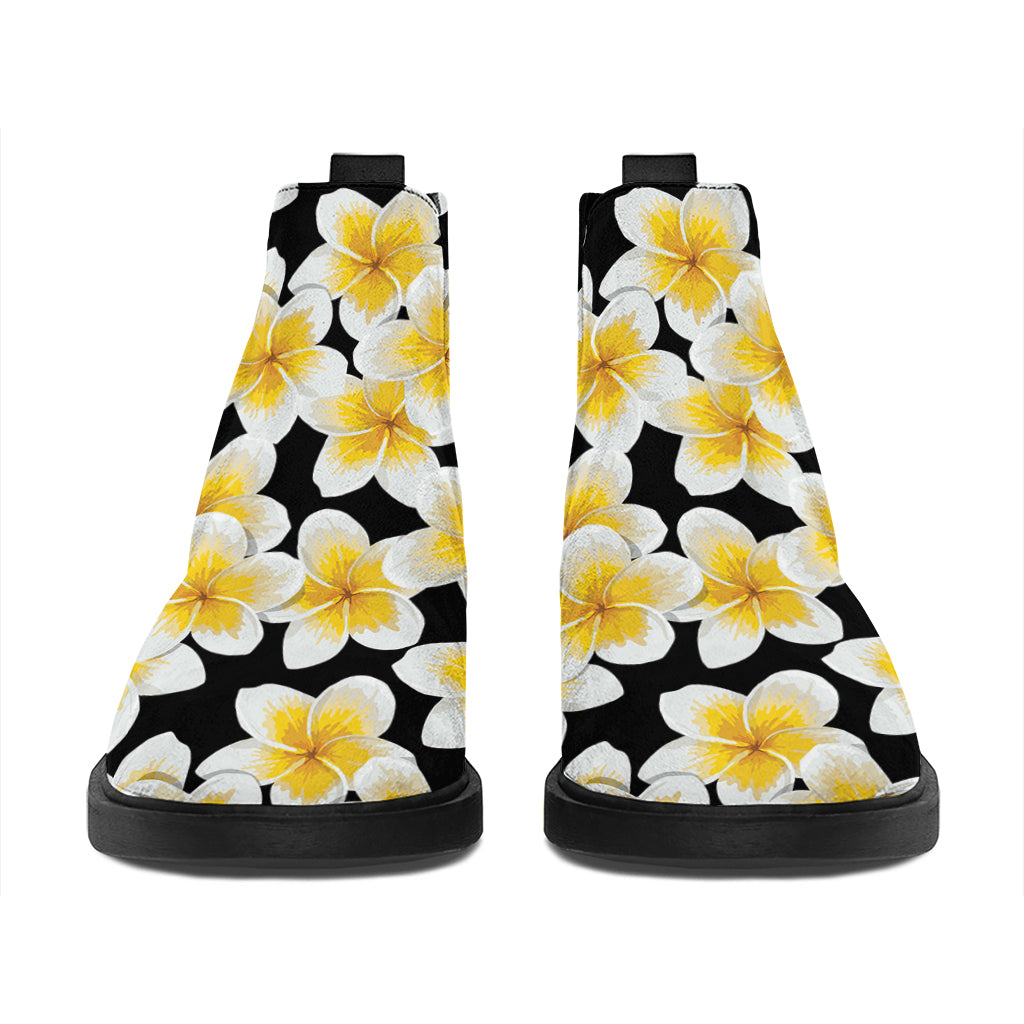 White And Black Frangipani Pattern Print Flat Ankle Boots