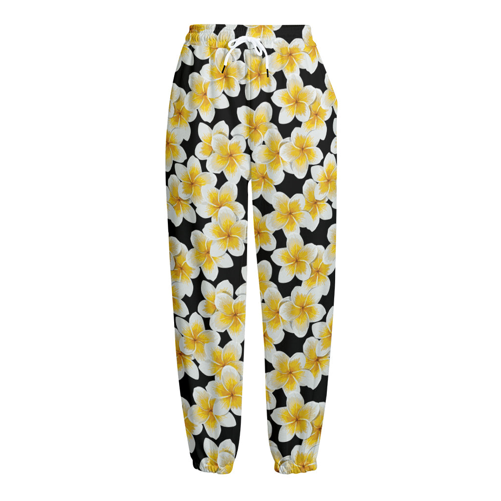 White And Black Frangipani Pattern Print Fleece Lined Knit Pants