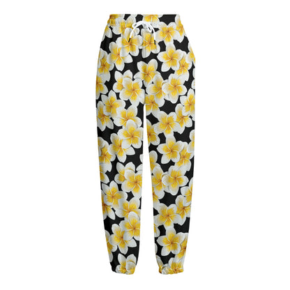 White And Black Frangipani Pattern Print Fleece Lined Knit Pants