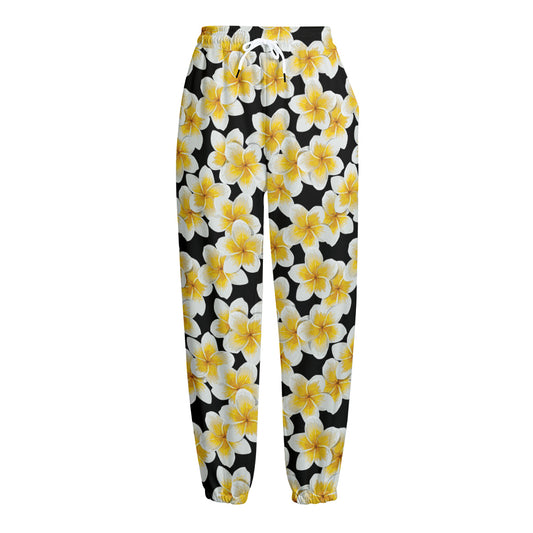 White And Black Frangipani Pattern Print Fleece Lined Knit Pants