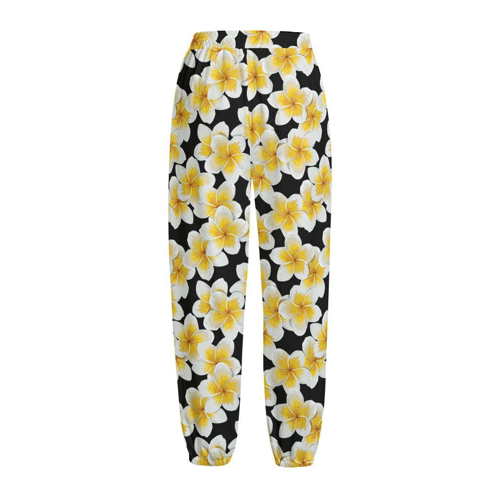 White And Black Frangipani Pattern Print Fleece Lined Knit Pants