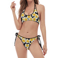 White And Black Frangipani Pattern Print Halter Scoop Tie Side Bikini