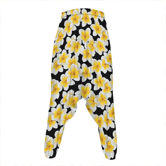 White And Black Frangipani Pattern Print Hammer Pants