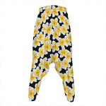 White And Black Frangipani Pattern Print Hammer Pants