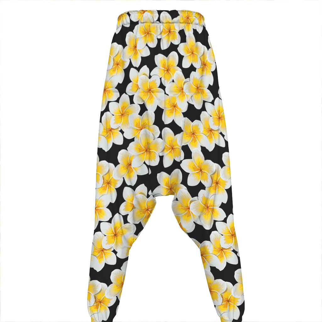 White And Black Frangipani Pattern Print Hammer Pants