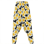 White And Black Frangipani Pattern Print Hammer Pants