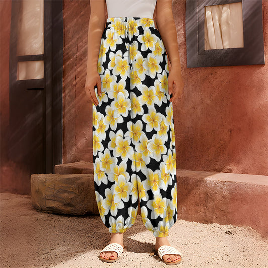 White And Black Frangipani Pattern Print Harem Pants
