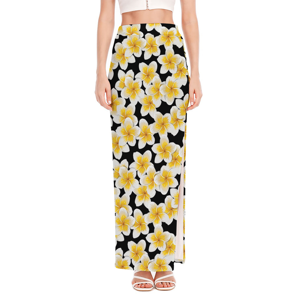 White And Black Frangipani Pattern Print High Slit Maxi Skirt