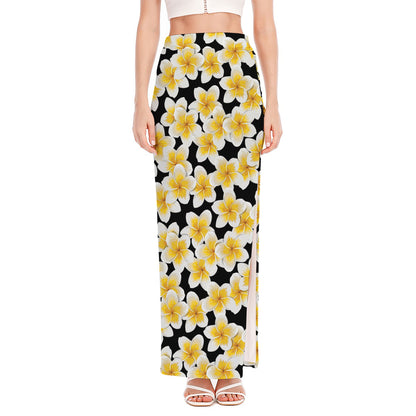 White And Black Frangipani Pattern Print High Slit Maxi Skirt