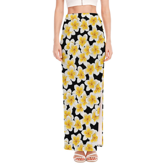 White And Black Frangipani Pattern Print High Slit Maxi Skirt