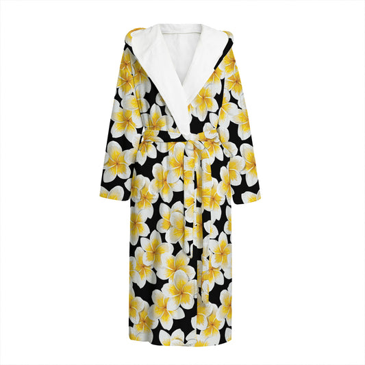 White And Black Frangipani Pattern Print Hooded Bathrobe