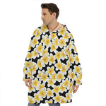 White And Black Frangipani Pattern Print Hoodie Blanket