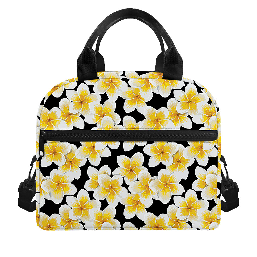 White And Black Frangipani Pattern Print Insulated Lunch Bag