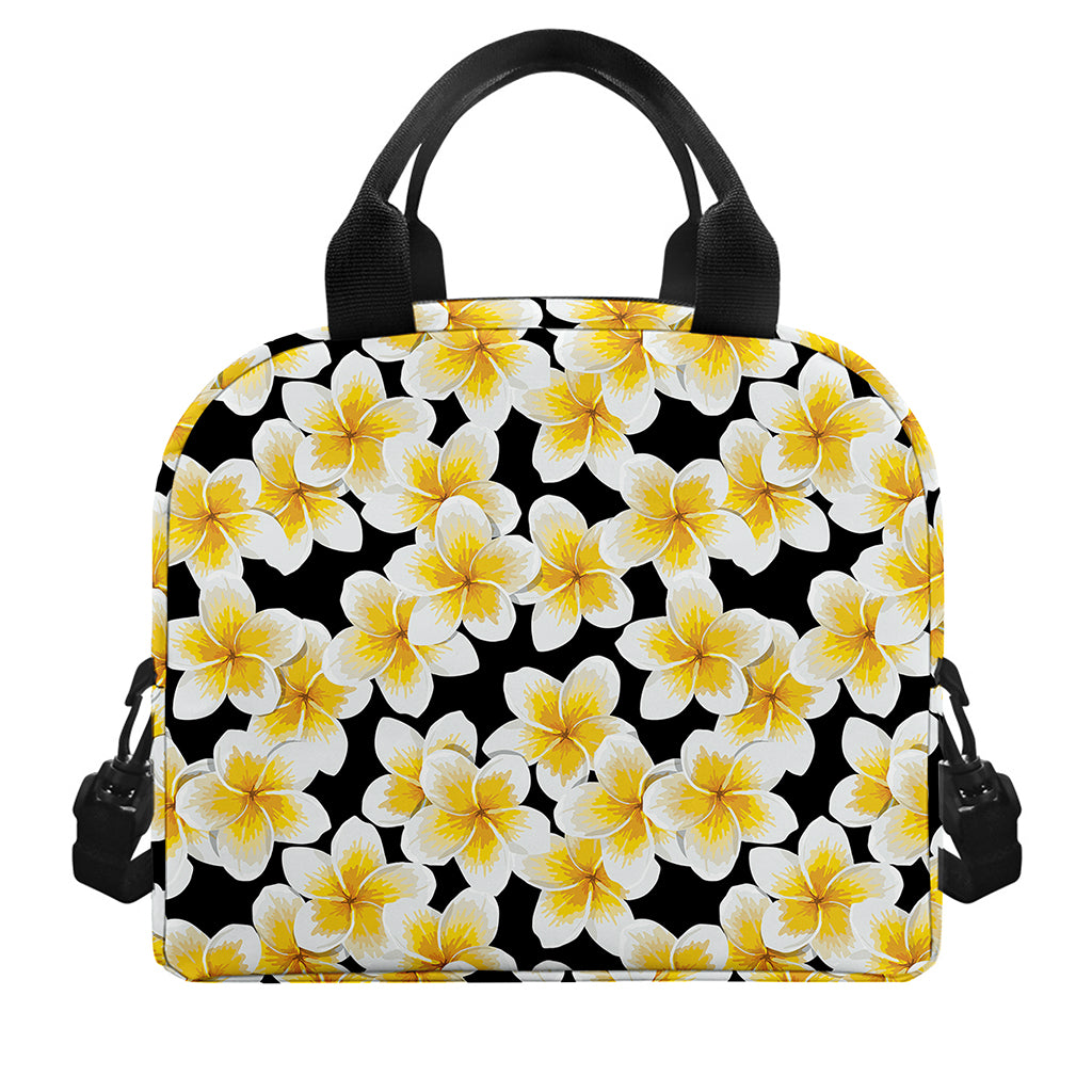 White And Black Frangipani Pattern Print Insulated Lunch Bag