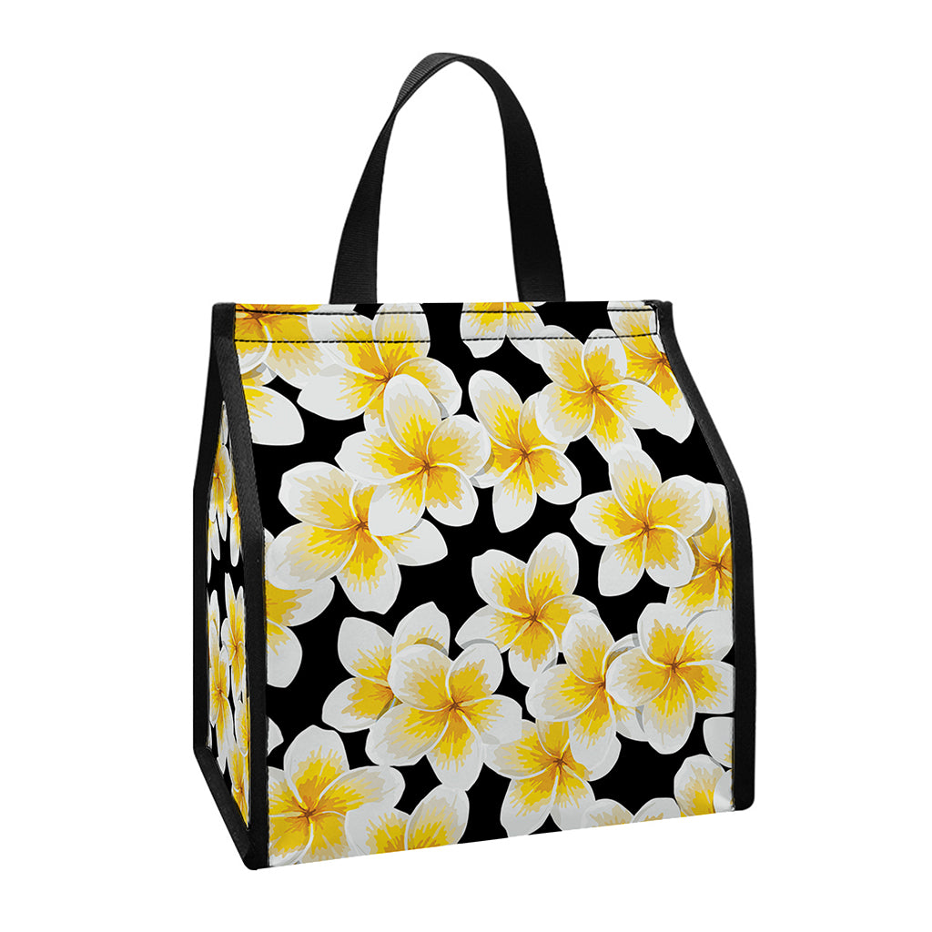White And Black Frangipani Pattern Print Insulated Lunch Tote