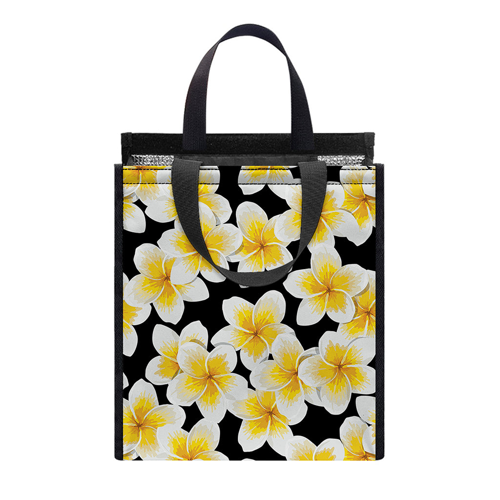 White And Black Frangipani Pattern Print Insulated Lunch Tote
